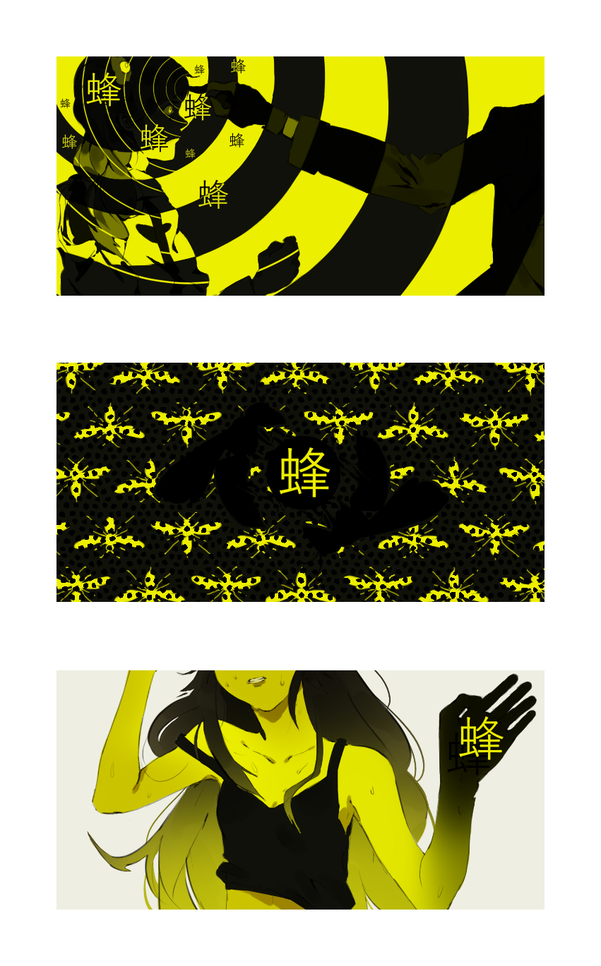 1boy 1girl araragi_karen bee breasts bug cleavage collarbone grimace highres kaiki_deishuu long_hair midriff_peek monochrome monogatari_(series) naruysae nisemonogatari sweat sweatdrop tank_top translation_request very_long_hair yellow_theme