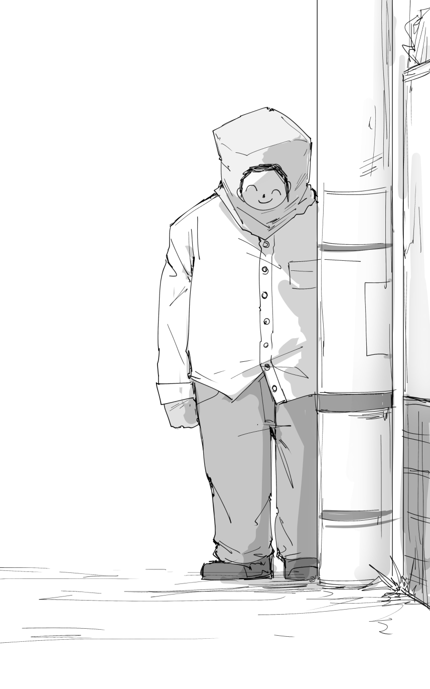 1boy bag_over_head blue_archive commentary doodle_sensei_(blue_archive) faceless faceless_male greyscale highres kankan33333 monochrome sensei_(blue_archive) solo stalking standing utility_pole