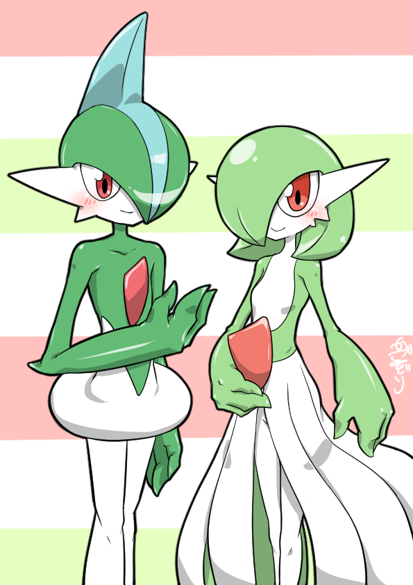 1boy 1girl arm_at_side artist_name blue_hair blush bob_cut closed_mouth collarbone colored_skin commentary_request flat_chest gallade gardevoir green_hair green_skin groin hair_over_one_eye hand_up happy kazamidoririnn legs_together looking_at_viewer mohawk multicolored_background multicolored_hair multicolored_skin one_eye_covered partial_commentary pokemon pokemon_(creature) red_eyes short_hair signature smile striped_background two-tone_hair two-tone_skin white_skin