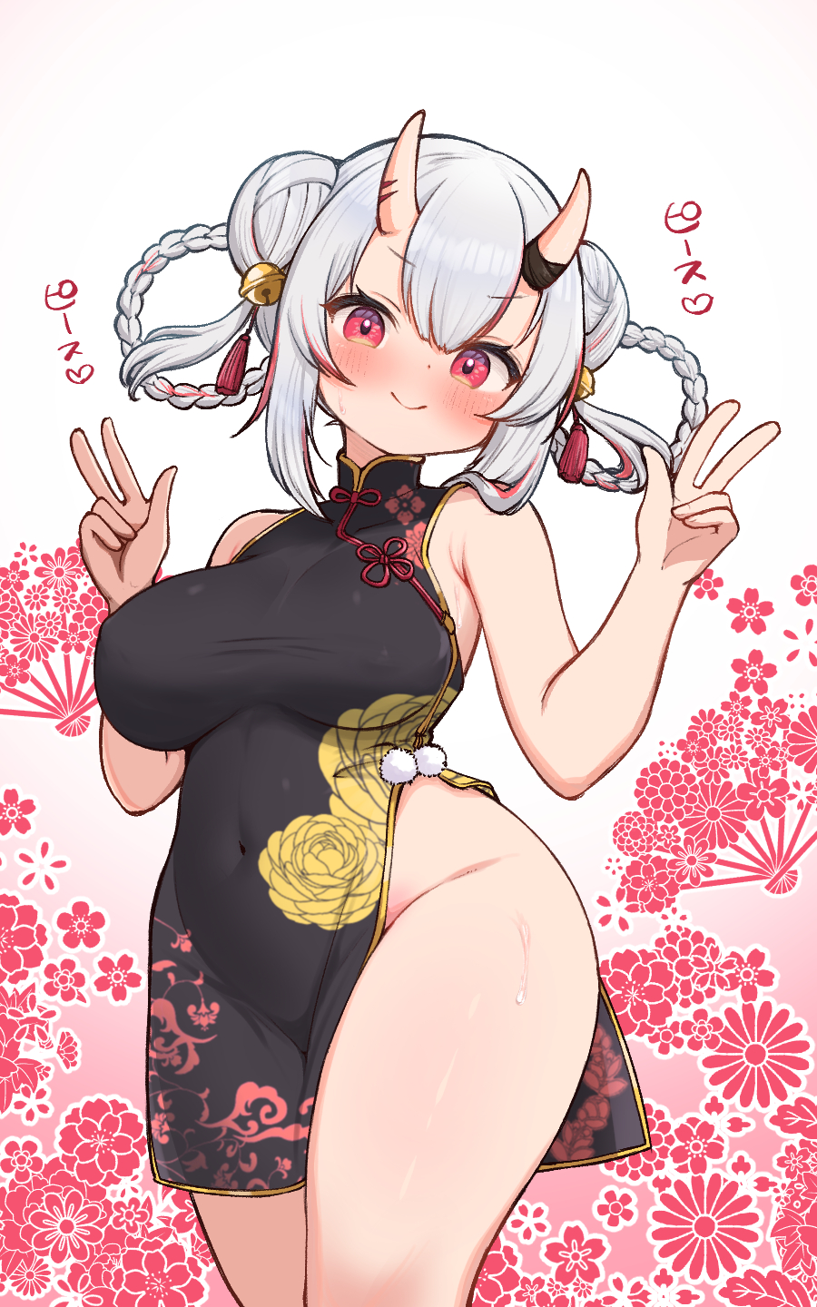 1girl alternate_breast_size alternate_costume alternate_hairstyle bare_arms bell blush breasts china_dress chinese_clothes commentary_request covered_navel cowboy_shot double_bun double_w dress floral_background floral_print grey_hair hair_bell hair_bun hair_ornament highres hololive horns kani_bonara kikumon large_breasts looking_at_viewer multicolored_hair nakiri_ayame no_panties red_eyes red_hair sakuramon skin-covered_horns smile solo streaked_hair virtual_youtuber w white_background
