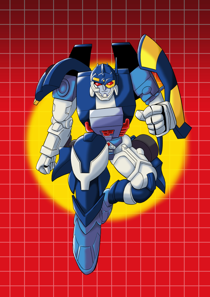 autobot clenched_hands grid_background knhp67 leaning_forward looking_at_viewer mecha mecha_focus no_humans red_eyes robot side_burn_(transformers) sitting smile solo transformers transformers_car_robots