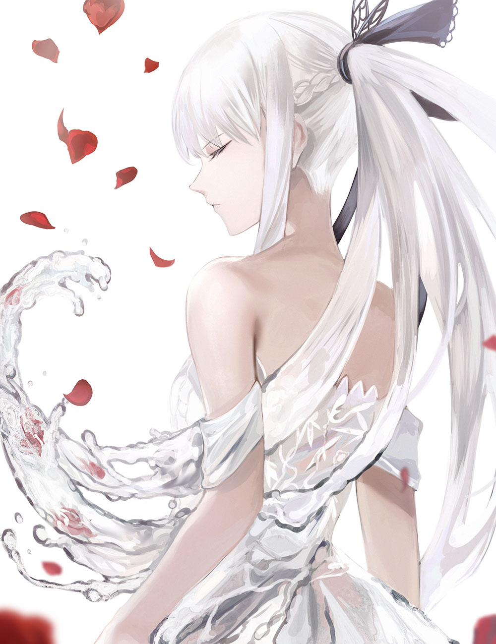 1girl black_bow bow braid closed_eyes dress facing_away fate/grand_order fate_(series) flower french_braid grey_hair highres long_hair morgan_le_fay_(fate) petals ponytail sleeveless solo tagme tte_(t_ombi) very_long_hair water white_background white_dress
