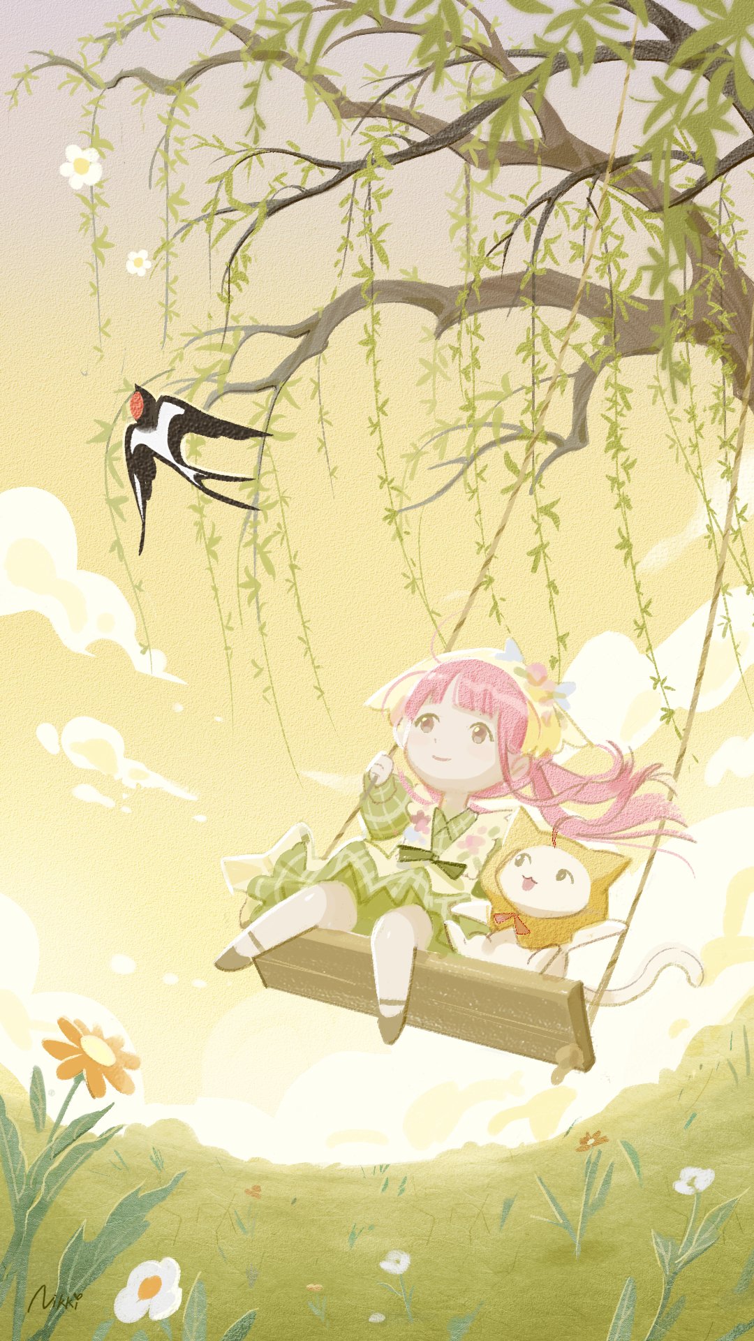 1girl bird brown_eyes brown_footwear cat cloud day dress english_commentary flower grass green_dress hat highres light_smile momo_(miracle_nikki) nikki_(miracle_nikki) official_art outdoors pink_hair shining_nikki signature sunlight swing swinging tree white_cat yellow_cloak