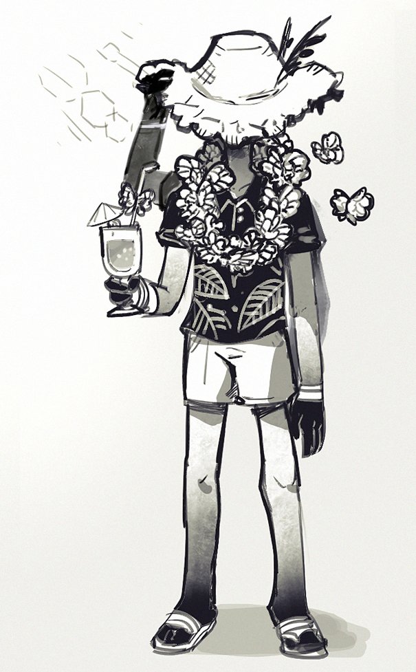 1boy bug butterfly extra_arms flaw_eight flower flower_necklace full_body funeral_of_the_dead_butterflies gloves greyscale hat hawaiian_shirt lei lobotomy_corporation male_focus monochrome project_moon sandals shirt short_sleeves shorts simple_background solo standing straw_hat summer sunlight