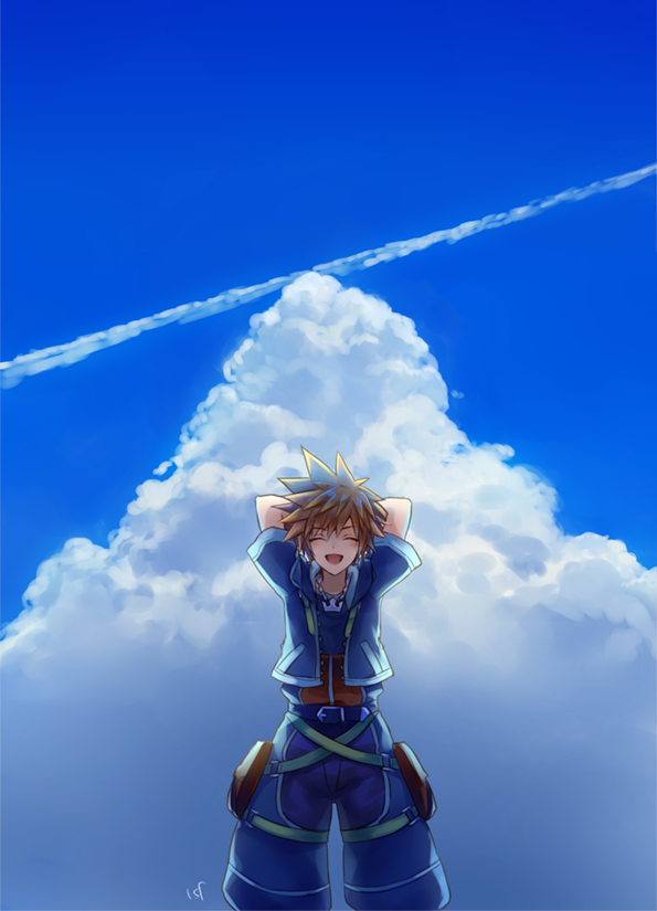 1boy arms_behind_head belt black_belt black_jacket black_pants blue_sky brown_hair cargo_pants chain_necklace closed_eyes cloud contrail day happy jacket jewelry kingdom_hearts kingdom_hearts_ii male_focus necklace open_clothes open_jacket open_mouth outdoors pants pendant puffy_pants sasanomesi short_hair signature sky smile solo sora_(kingdom_hearts) spiked_hair upper_body