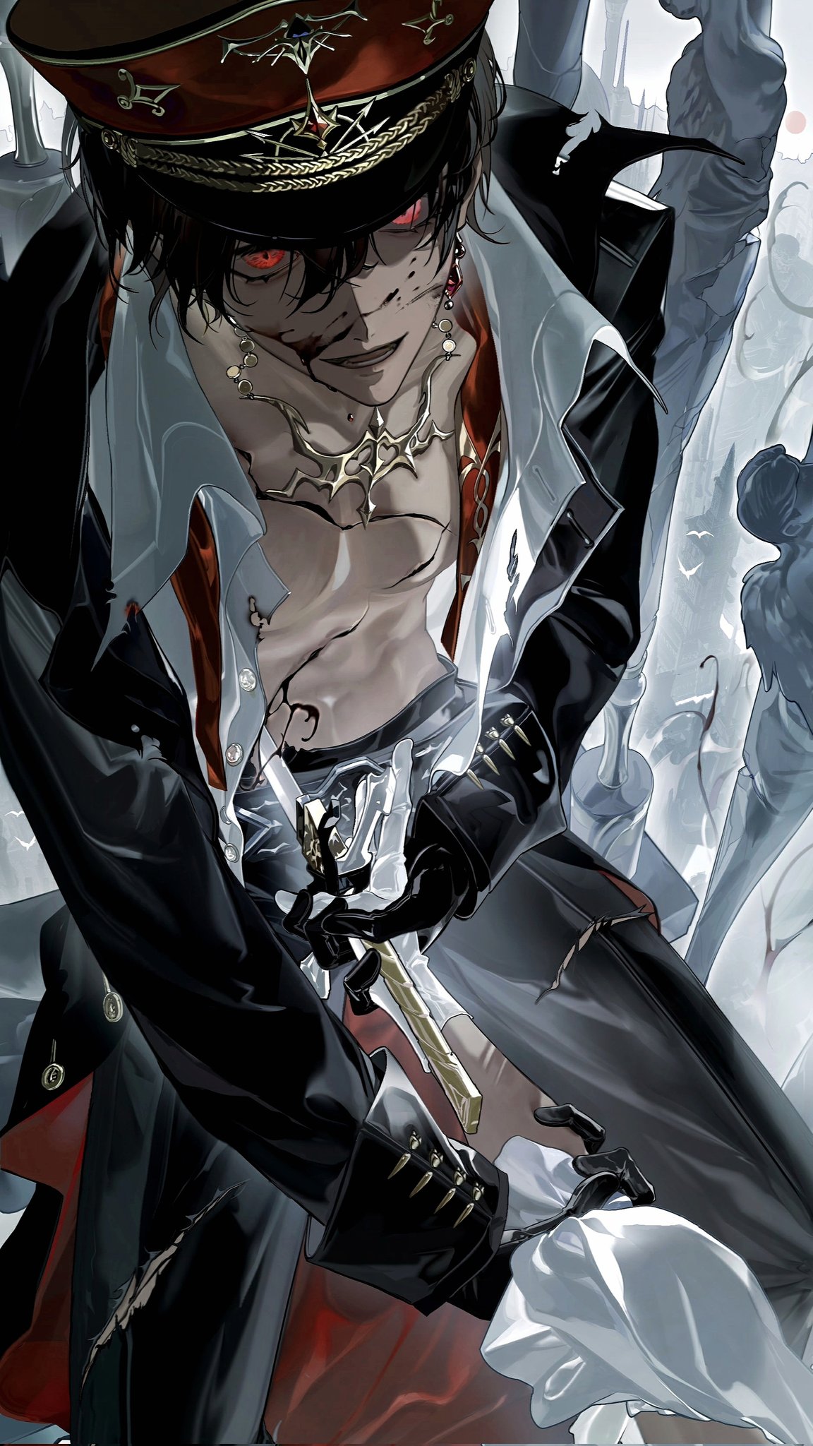 1boy :d ayn_alwyn belt black_belt black_blood black_coat black_gloves black_hair black_pants blood blood_on_face coat collared_shirt commentary cuts earrings evil_smile gem gloves hair_between_eyes hat heroine_(lovebrush_chronicles) highres holding holding_another's_arm holding_another's_wrist holding_sword holding_weapon injury jewelry kneeling long_sleeves looking_at_viewer looking_up lovebrush_chronicles lower_teeth_only male_focus military_hat necklace necktie official_art open_clothes open_coat open_shirt pants peaked_cap pov pov_hands red_eyes red_gemstone red_hat red_necktie shirt short_hair single_earring sleeve_cuffs sleeves_past_elbows smile solo_focus stab statue sword symbol-only_commentary teeth torn_clothes tuotuo two-sided_coat two-sided_fabric undone_necktie weapon white_gloves white_shirt