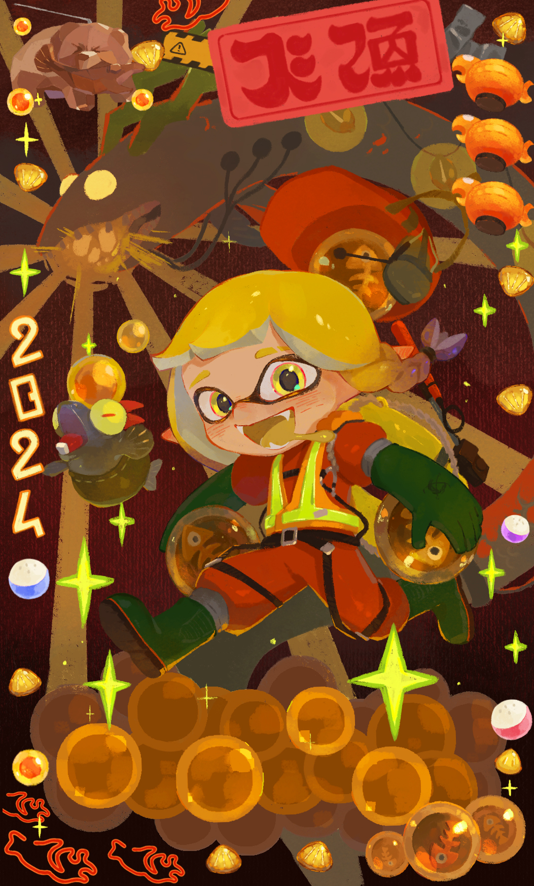 1girl 2024 :d asymmetrical_hair blonde_hair blue_hair blush boots braid colored_tongue commentary_request deformed dmwggg drooling dual_wielding egg eyebrow_cut fangs full_body gashapon gloves golden_egg gradient_hair green_footwear green_gloves happy helmet high-visibility_vest highres holding holding_egg horrorboros inkling_girl inkling_player_character lantern lifebuoy long_hair mining_helmet mr._grizz_(splatoon) multicolored_hair open_mouth orange_hat orange_overalls overalls paper_lantern rubber_boots rubber_gloves salmon_run_(splatoon) salmonid single_braid smallfry_(splatoon) smile sparkle splatoon_(series) splatoon_3 swim_ring tentacle_hair translation_request unworn_headwear unworn_helmet yellow_eyes yellow_tongue