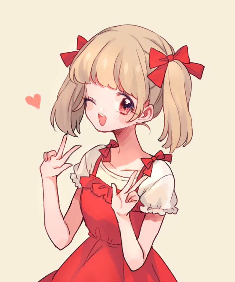 1girl 382 ;d blonde_hair blush bow collarbone commentary_request double_v double_w dress frilled_sleeves frills hair_bow heart looking_at_viewer one_eye_closed open_mouth original red_bow red_dress red_eyes shirt short_sleeves short_twintails simple_background sleeveless sleeveless_dress smile solo teeth twintails upper_body upper_teeth_only v w white_shirt yellow_background