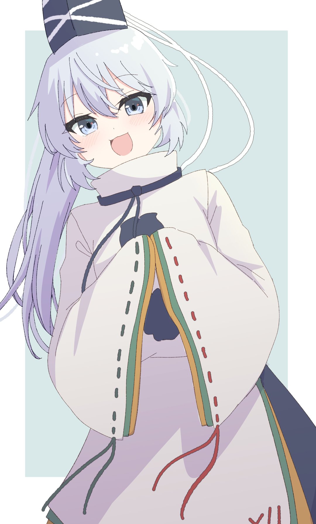 1girl :d commentary_request grey_background grey_hair hat highres japanese_clothes kariginu long_hair long_sleeves mixed-language_commentary momitoekk mononobe_no_futo open_mouth pom_pom_(clothes) ponytail ribbon-trimmed_sleeves ribbon_trim simple_background smile solo tate_eboshi touhou wide_sleeves