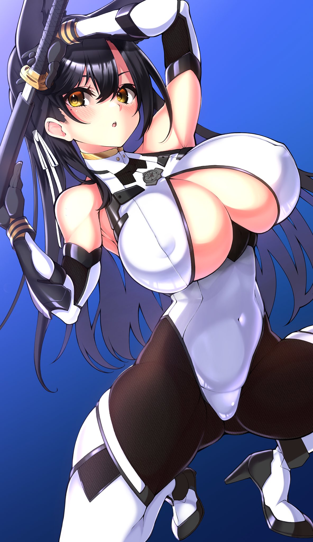 1girl animal_ears aruto_(shake_onigiri) atago_(azur_lane) azur_lane bare_shoulders black_hair black_pantyhose blue_background breasts cleavage_cutout clothing_cutout cosplay covered_navel covered_nipples dog_ears dog_girl hair_between_eyes hands_up high_heels highres holding holding_sword holding_weapon katana large_breasts long_hair looking_at_viewer mole mole_under_eye official_alternate_costume pantyhose parted_lips simple_background solo sword takao_(azur_lane) takao_(azur_lane)_(cosplay) takao_(divine_exorcist's_blade)_(azur_lane) weapon yellow_eyes