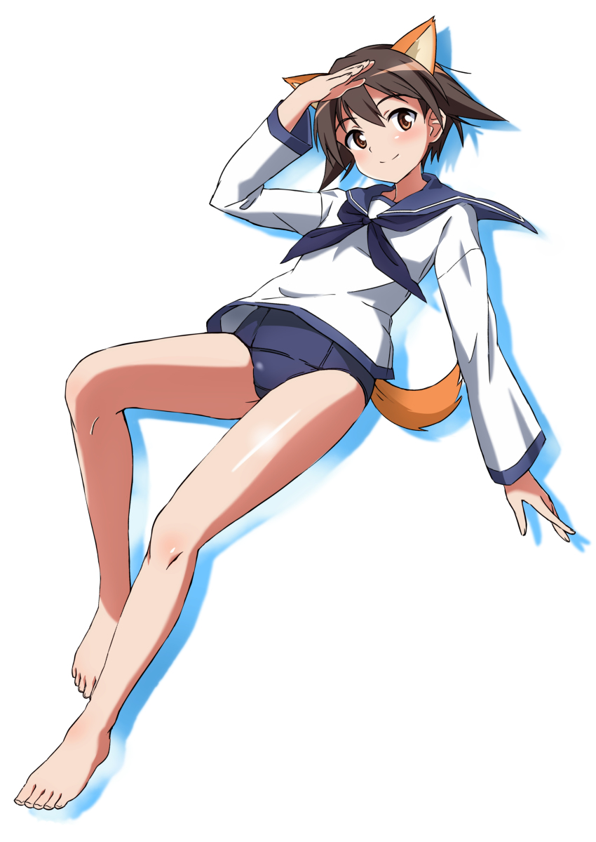 1girl animal_ears barefoot blue_neckerchief blue_one-piece_swimsuit blue_sailor_collar brown_eyes brown_hair closed_mouth dog_ears dog_girl feet full_body highres long_sleeves looking_at_viewer miyafuji_yoshika neckerchief old_school_swimsuit one-piece_swimsuit sailor_collar salute school_swimsuit school_uniform serafuku shadow shirt short_hair simple_background smile solo strike_witches swimsuit swimsuit_under_clothes toes tricky_46 white_background white_shirt world_witches_series