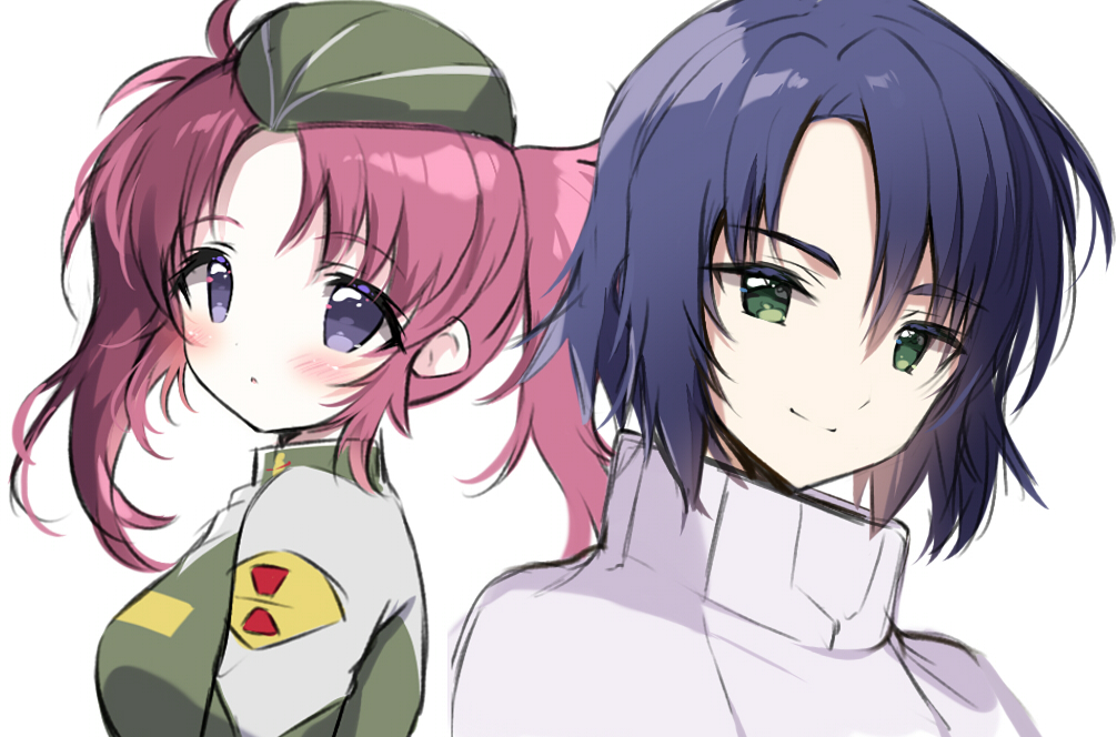 1boy 1girl :o athrun_zala blue_hair breasts character_request check_character closed_mouth commentary_request garrison_cap green_eyes green_hat green_jacket gundam gundam_seed gundam_seed_destiny hair_between_eyes hat jacket medium_breasts meyrin_hawke parted_bangs parted_lips purple_eyes red_hair shiratama_(shiratamaco) simple_background smile thick_eyebrows twintails upper_body white_background white_jacket