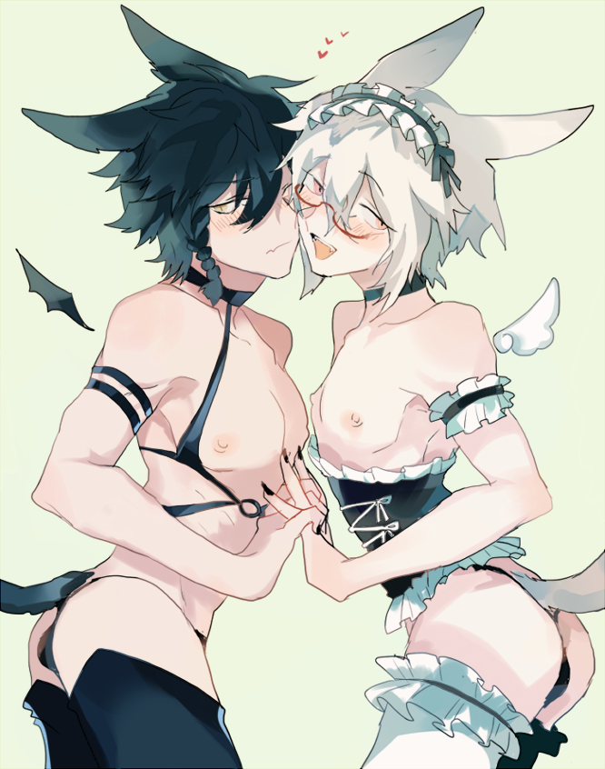 2boys ass bare_shoulders black_choker black_hair black_nails black_thighhighs blush braid choker crossdressing detached_wings final_fantasy final_fantasy_xiv frilled_hairband frilled_thighhighs frills from_side glasses hair_between_eyes hairband holding_hands looking_at_viewer looking_to_the_side male_focus miqo'te multiple_boys nipples open_mouth otoko_no_ko ptptprpr short_hair shy side_braid slit_pupils thighhighs upper_body warrior_of_light_(ff14) white_background white_hair wings yaoi yellow_eyes