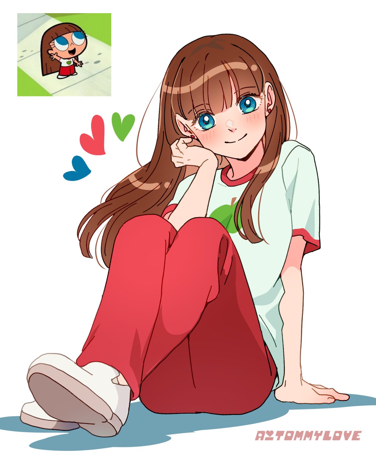 1girl aged_up aitommylove blue_eyes brown_hair closed_mouth highres long_hair pants powerpuff_girls red_pants robin_snyder_(ppg) shirt shoes smile solo white_shirt