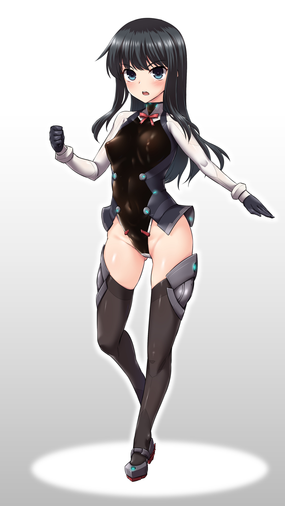1girl asashio_(kancolle) black_hair black_leotard blue_eyes blush breasts full_body gradient_background grey_background highleg highleg_leotard highres kantai_collection leotard long_hair looking_at_viewer open_mouth simple_background small_breasts solo standing taimanin_suit thighhighs white_background yoshi_tama