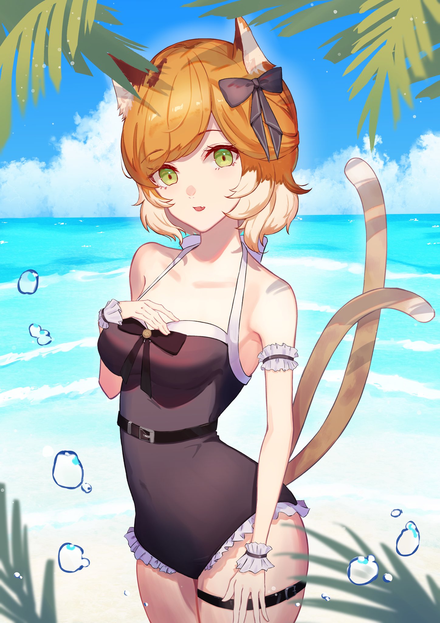 animal_ear_fluff animal_ears aoi_tooru arknights bare_shoulders black_bow black_one-piece_swimsuit blue_sky bow breasts cat_ears cat_girl cat_tail cloud commentary_request day fang frilled_one-piece_swimsuit frills green_eyes hair_bow hand_up highres horizon looking_at_viewer medium_breasts mousse_(arknights) multicolored_hair multiple_tails ocean one-piece_swimsuit orange_hair outdoors palm_tree parted_bangs parted_lips sky standing swimsuit tail tree two-tone_hair two_tails water water_drop white_hair wrist_cuffs