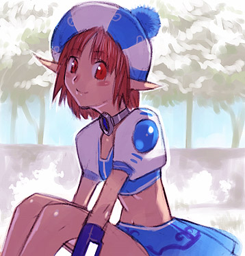 1girl blush_stickers brown_eyes brown_hair closed_mouth crop_top fonewearl hat looking_at_viewer lowres phantasy_star phantasy_star_online pointy_ears puffy_sleeves sakamoto_mineji short_hair skirt smile solo tree viviana_(phantasy_star)