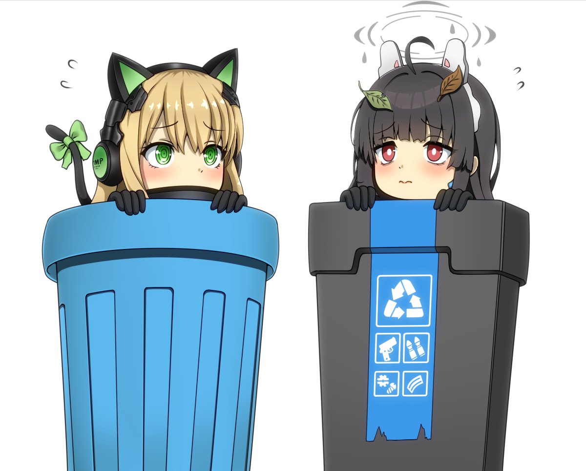 2girls animal_ear_headphones animal_ears arrow_(symbol) black_gloves black_hair blue_archive blunt_bangs cat_ear_headphones cat_tail commentary_request crossover fake_animal_ears fake_tail flying_sweatdrops girls'_frontline gloves green_eyes hair_between_eyes hairband halo headphones in_trash_can leaf leaf_on_head light_brown_hair long_hair looking_at_another miyu_(blue_archive) multiple_girls ouga_(user_ctzw2237) peeking_out rabbit_ears recycle_bin recycling_symbol red_eyes sidelocks simple_background tail tmp_(girls'_frontline) trash_can white_background