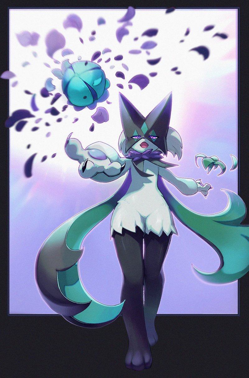 alternate_color black_mask claws fang flaw_eight flower full_body green_scarf hand_up highres meowscarada open_mouth petals pokemon pokemon_(creature) purple_eyes purple_flower scarf shiny_pokemon standing