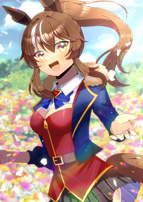 1girl :d animal_ears belt belt_buckle black_skirt blue_bow blue_jacket blue_sky blurry blurry_background blush bow breasts brown_belt brown_eyes brown_hair buckle cloud cloudy_sky collared_shirt commentary_request commission day depth_of_field dress_shirt flower fur-trimmed_jacket fur_trim hair_between_eyes high_ponytail horse_ears horse_girl horse_tail indie_virtual_youtuber jacket kou_hiyoyo long_hair long_sleeves looking_at_viewer medium_breasts multicolored_hair open_clothes open_jacket orange_flower outdoors pleated_skirt ponytail purple_flower red_vest shirt sidelocks skeb_commission skirt sky smile solo streaked_hair tail unbridled_yashin vest virtual_youtuber white_flower white_hair white_shirt yellow_flower