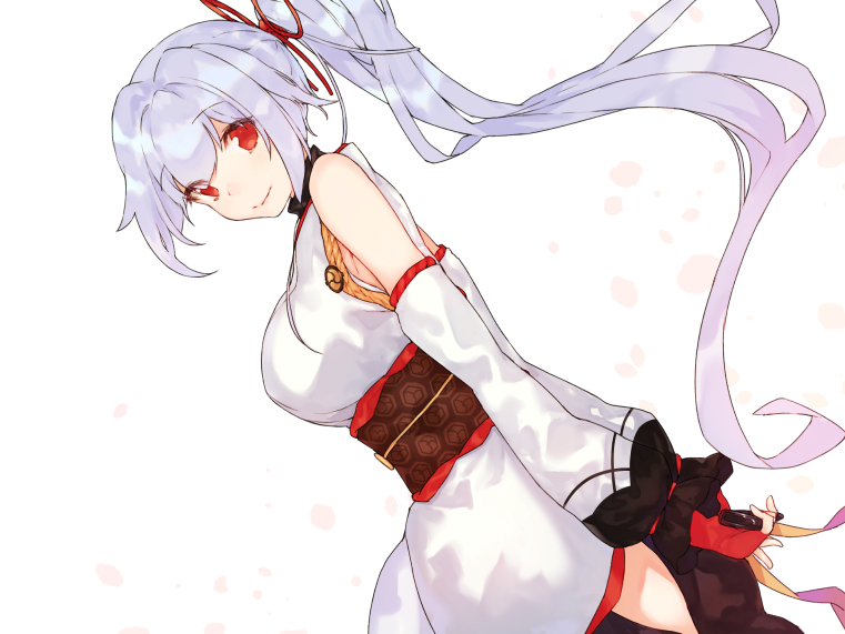 1girl arms_behind_back bad_id bad_pixiv_id breasts detached_sleeves dutch_angle fate/grand_order fate_(series) fifuth fingerless_gloves gloves grey_hair hair_ribbon japanese_clothes kimono large_breasts long_hair looking_at_viewer obi ponytail red_eyes red_gloves red_ribbon ribbon sash simple_background smile solo tomoe_gozen_(fate) very_long_hair white_background white_kimono