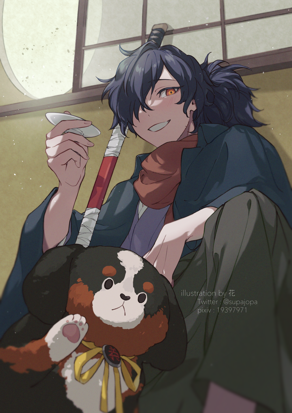 1boy artist_name bernese_mountain_dog black_hair commentary_request cup dog fate/grand_order fate_(series) green_hakama grin hair_over_one_eye hakama haori highres holding holding_cup hua_(supa_jopa) indoors japanese_clothes katana kimono knee_up long_hair long_sleeves looking_at_viewer male_focus okada_izou_(fate) orange_eyes orange_scarf pawpads pixiv_id ponytail purple_kimono sakazuki scarf shouji sitting sliding_doors smile solo sousuke_(fate) sword twitter_username weapon wide_sleeves