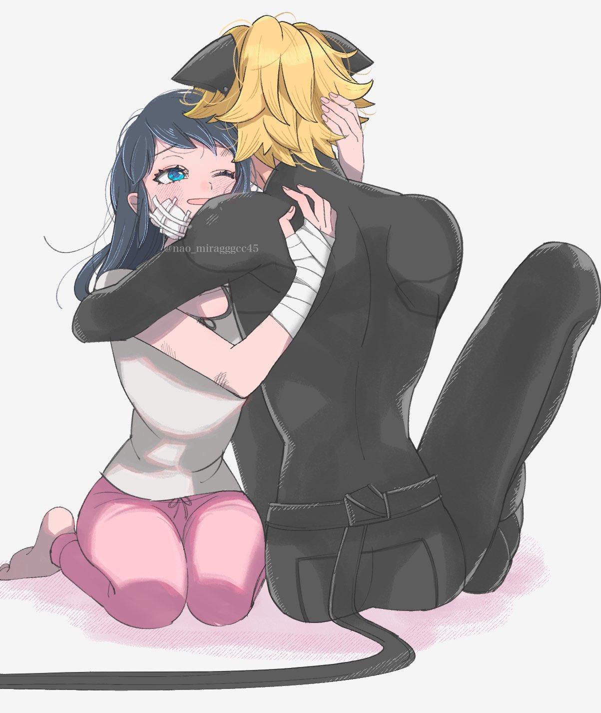 adrien_agreste animal_ears bandage_on_face bandaged_hand bandages black_bodysuit blonde_hair blue_eyes blue_hair bodysuit cat_boy cat_ears chat_noir grey_background highres hug injury marinette_dupain-cheng miraculous_ladybug one_eye_closed pajamas pants pink_pants seio_(nao_miragggcc45) shirt simple_background sitting smile superhero_costume white_shirt