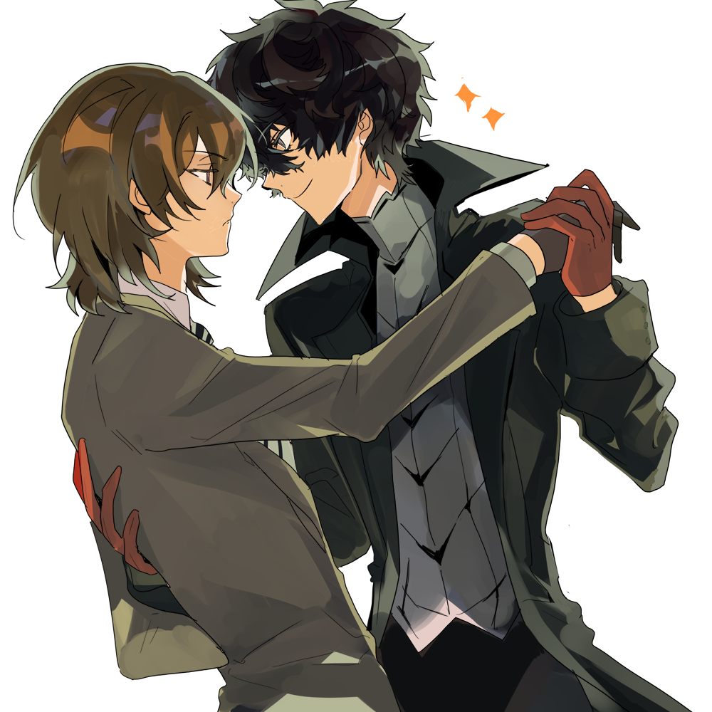 2boys akechi_gorou amamiya_ren bishounen black_coat black_gloves black_hair brown_hair coat from_side gloves grey_eyes grey_jacket hair_between_eyes holding_hands jacket looking_at_another male_focus multiple_boys persona persona_5 profile ptptprpr red_gloves short_hair smile sparkle upper_body white_background yaoi