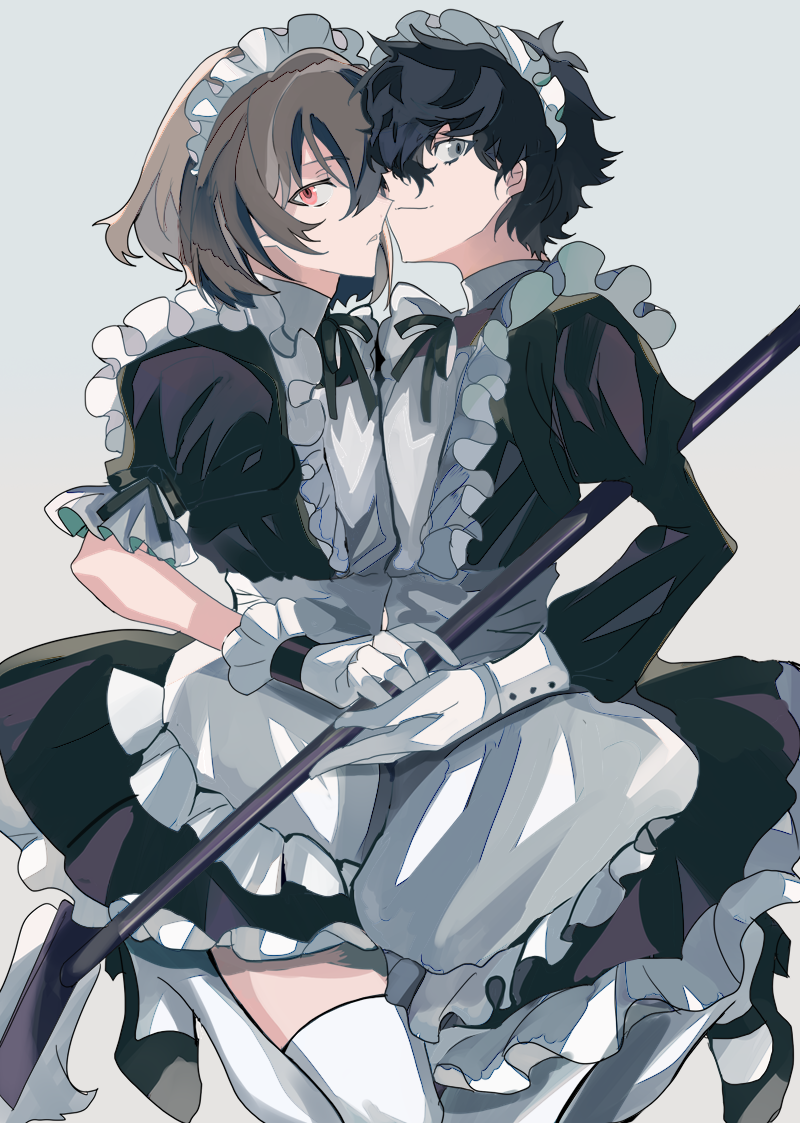 2boys akechi_gorou alternate_costume amamiya_ren apron bishounen black_dress black_hair broom brown_hair crossdressing dress enmaided frilled_apron frills gloves grey_background grey_eyes hair_between_eyes holding holding_broom looking_at_viewer maid maid_apron maid_headdress male_focus multiple_boys otoko_no_ko persona persona_5 profile ptptprpr red_eyes short_hair standing standing_on_one_leg thighhighs white_gloves white_thighhighs yaoi