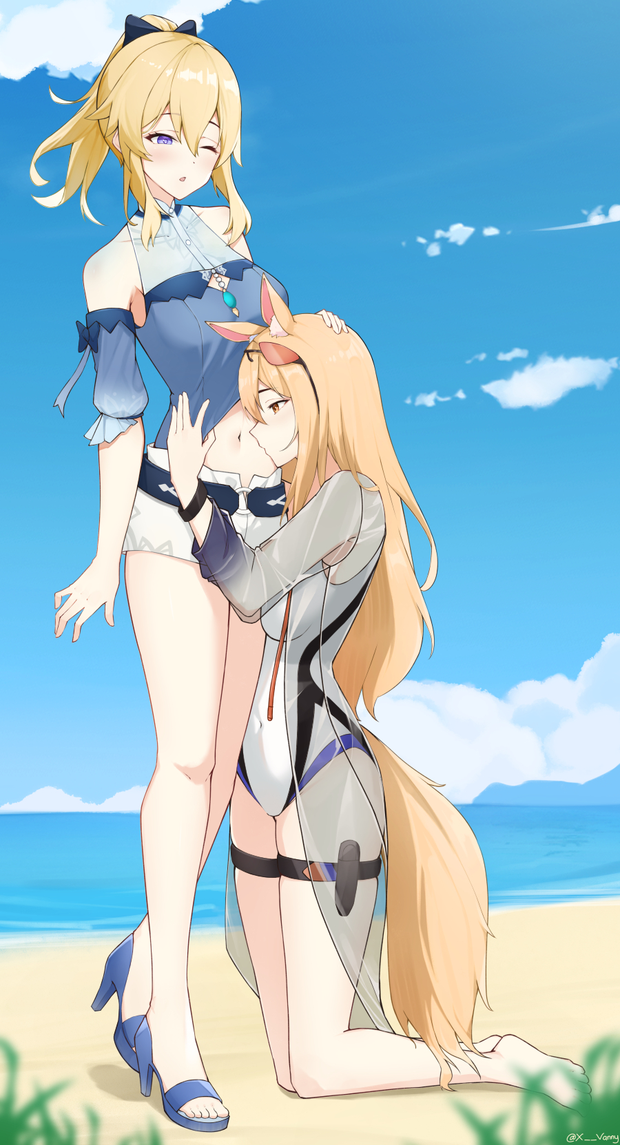 2girls animal_ears arknights beach blonde_hair blue_eyes blue_shirt blue_sky bow crossover detached_sleeves genshin_impact hair_bow high-waist_shorts highres horse_ears horse_tail jean_(genshin_impact) jean_(sea_breeze_dandelion)_(genshin_impact) kissing_stomach kneeling large_tail long_hair multiple_girls nearl_(arknights) nearl_(shimmering_dew)_(arknights) ocean one-piece_swimsuit one_eye_closed outdoors ponytail shirt shorts sky swimsuit tail white_one-piece_swimsuit white_shorts yellow_eyes yuri