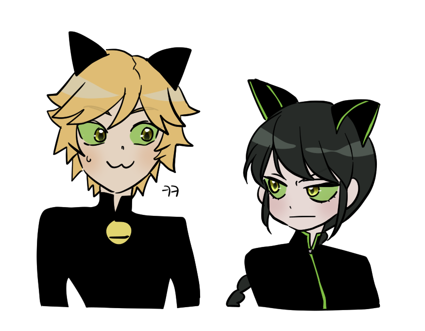 1boy 1girl adrien_agreste animal_ears bell black_bodysuit black_hair blonde_hair bodysuit braid cat_boy cat_ears cat_girl chat_noir closed_mouth green_eyes jingle_bell lady_noir lb_black22 looking_at_another marinette_dupain-cheng miraculous_ladybug simple_background single_braid slit_pupils upper_body white_background