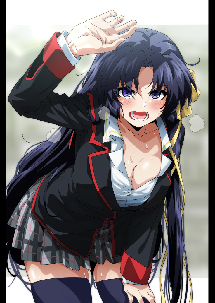 1girl black_border black_hair black_jacket black_thighhighs blush border breasts cleavage collared_shirt commentary_request cowboy_shot exhausted eyelashes fourth_wall grey_skirt hair_ribbon hand_on_own_thigh heavy_breathing jacket kurugaya_yuiko large_breasts leaning_forward little_busters! little_busters!_school_uniform long_hair long_sleeves looking_at_viewer lower_teeth_only miniskirt open_mouth parted_bangs partially_unbuttoned plaid plaid_skirt pleated_skirt purple_eyes ribbon school_uniform shirt skirt solo straight_hair sweat teeth thighhighs tress_ribbon tsurime v-shaped_eyebrows very_long_hair wakoudo white_shirt yellow_ribbon zettai_ryouiki