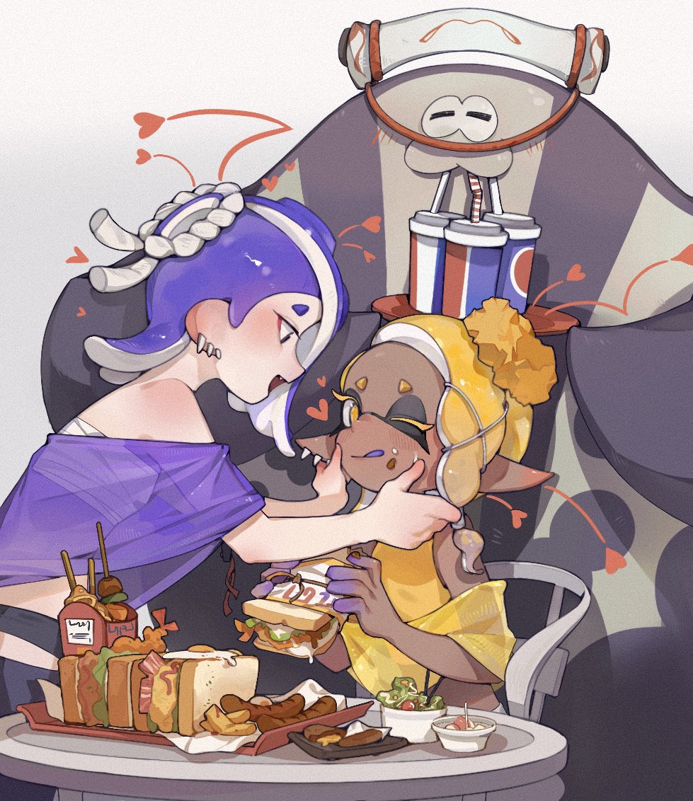 1boy 2girls ;p bare_shoulders big_man_(splatoon) black_eyes black_leggings blue_hair blue_shawl blush chest_sarashi closed_eyes commentary cowboy_shot crop_top cup dark-skinned_female dark_skin disposable_cup drink drinking_straw earrings eyeshadow fang food food_on_face french_fries from_side frye_(splatoon) hachimaki hair_over_one_eye hands_on_another's_face headband heart holding holding_food holding_plate inkling jewelry leggings looking_at_another makeup multiple_earrings multiple_girls nejiri_hachimaki octoling on_chair one_eye_closed open_mouth orange_pupils plate pointy_ears red_eyeshadow salted_whale sandwich sarashi sausage see-through_shawl shawl shirt shiver_(splatoon) shrimp shrimp_tempura sitting splatoon_(series) splatoon_3 star-shaped_pupils star_(symbol) suction_cups sweat symbol-only_commentary symbol-shaped_pupils table tempura tentacle_hair tongue tongue_out tooth_earrings white_background wiping_face yellow_eyes yellow_shawl yellow_shirt