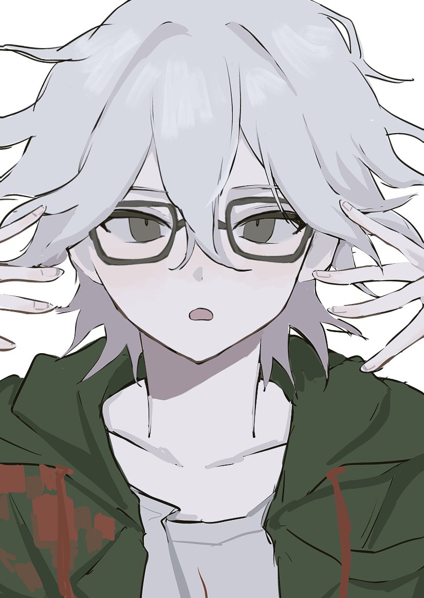 1boy 5woxxi :o brown-framed_eyewear collarbone danganronpa_(series) danganronpa_2:_goodbye_despair green_jacket grey_hair hair_between_eyes hands_up hood hood_down hooded_jacket jacket komaeda_nagito male_focus messy_hair open_clothes open_jacket pale_skin simple_background solo