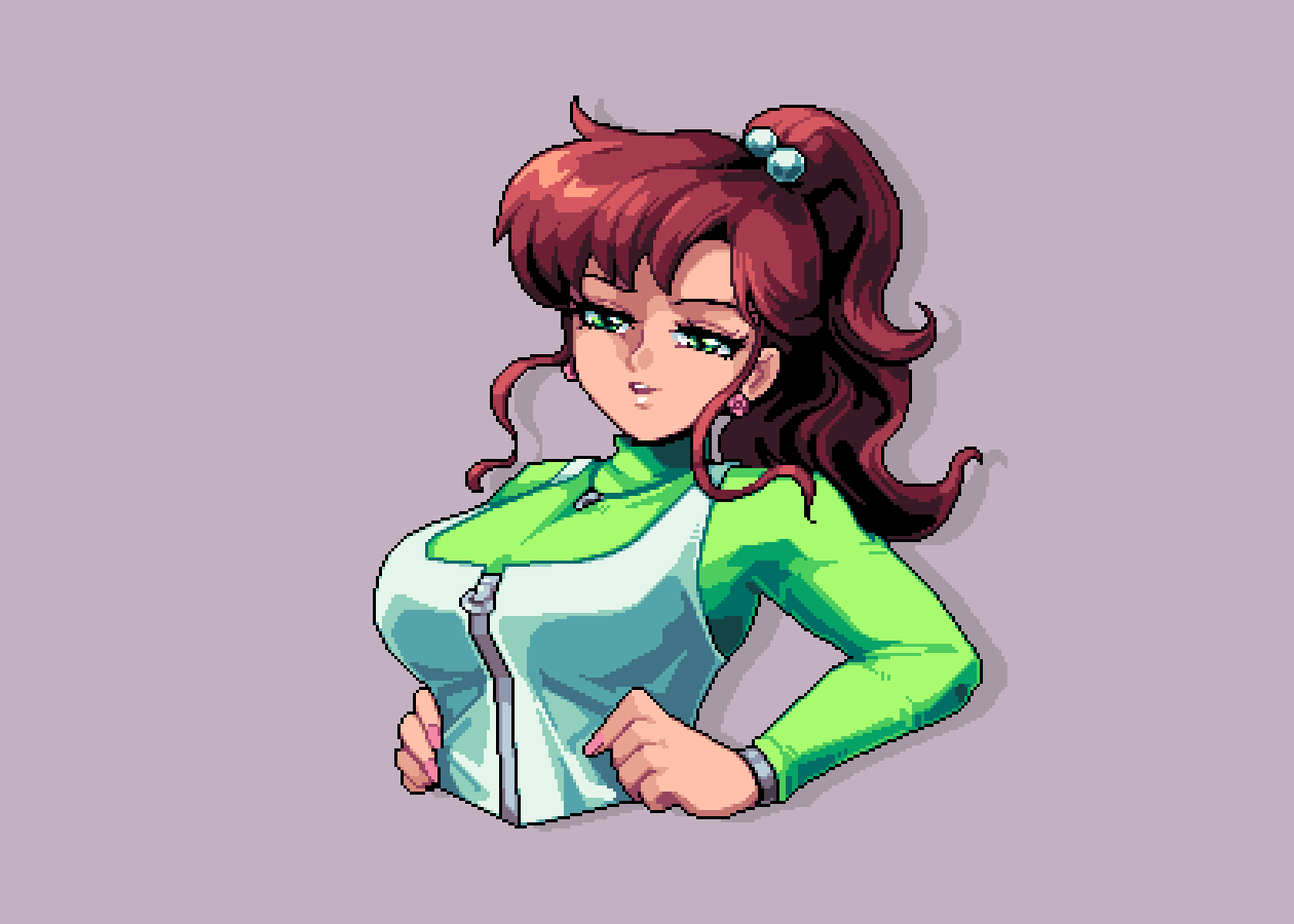 1girl bishoujo_senshi_sailor_moon breasts brown_hair dih_pixels earrings english_commentary green_eyes green_shirt hair_bobbles hair_ornament hands_on_own_hips jewelry kino_makoto large_breasts long_sleeves looking_at_viewer medium_hair necklace pixel_art ponytail shirt sidelocks simple_background solo upper_body