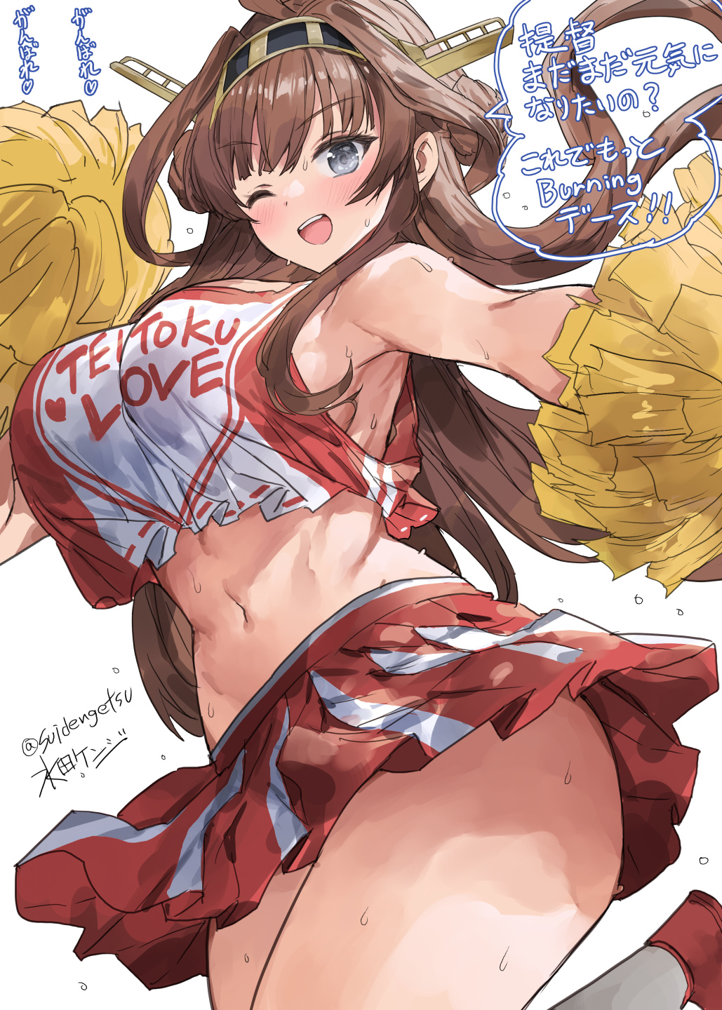 1girl ;d ahoge alternate_costume alternate_eye_color armpits breasts brown_hair cheerleader commentary_request crop_top double_bun english_text grey_eyes hair_bun headgear highres holding holding_pom_poms kantai_collection kongou_(kancolle) kongou_kai_ni_(kancolle) large_breasts long_hair looking_at_viewer miniskirt mizuta_kenji navel one_eye_closed pleated_skirt pom_pom_(cheerleading) red_skirt signature skirt smile solo speech_bubble sweat teeth thighs translation_request twitter_username two-tone_skirt upper_teeth_only white_skirt