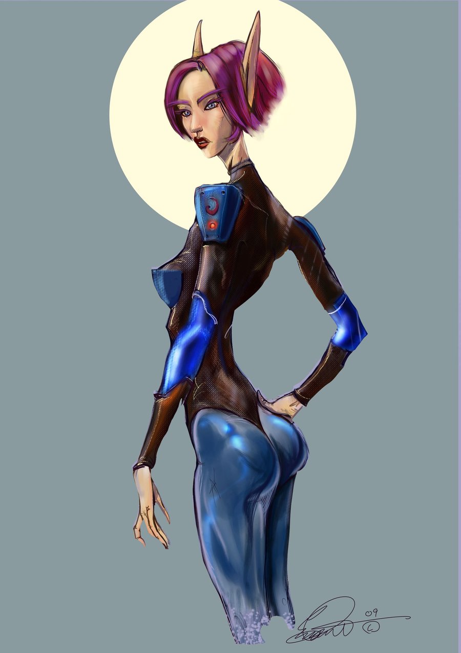 alien elf female hair led pointy_ears short_hair solo space_suit thin violet_hair