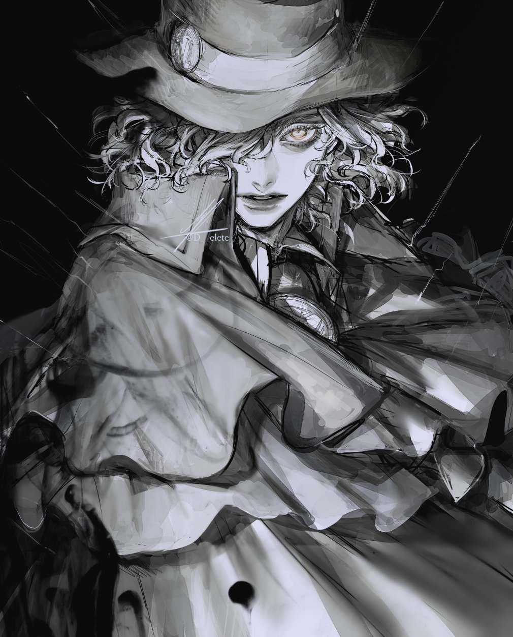 1boy au_(d_elete) black_background cloak edmond_dantes_(fate) fate/grand_order fate_(series) fedora grey_hair greyscale hair_over_one_eye hat highres male_focus monochrome signature twitter_username