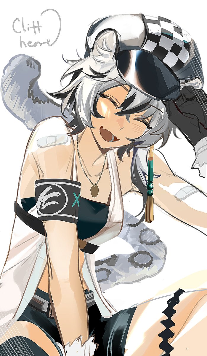 1girl :d ^_^ animal_ear_fluff animal_ears arknights arm_up armband bandaid bandaid_on_arm bare_shoulders black_hair black_shorts blush breasts cabbie_hat character_name checkered_clothes checkered_headwear cliffheart_(arknights) closed_eyes commentary_request facing_viewer grey_hair hair_between_eyes hand_on_headwear hat highres jacket leopard_ears leopard_girl leopard_tail multicolored_hair shorts simple_background sleeveless sleeveless_jacket small_breasts smile solo streaked_hair tail ting_(machi_nakahara) white_background white_hat white_jacket