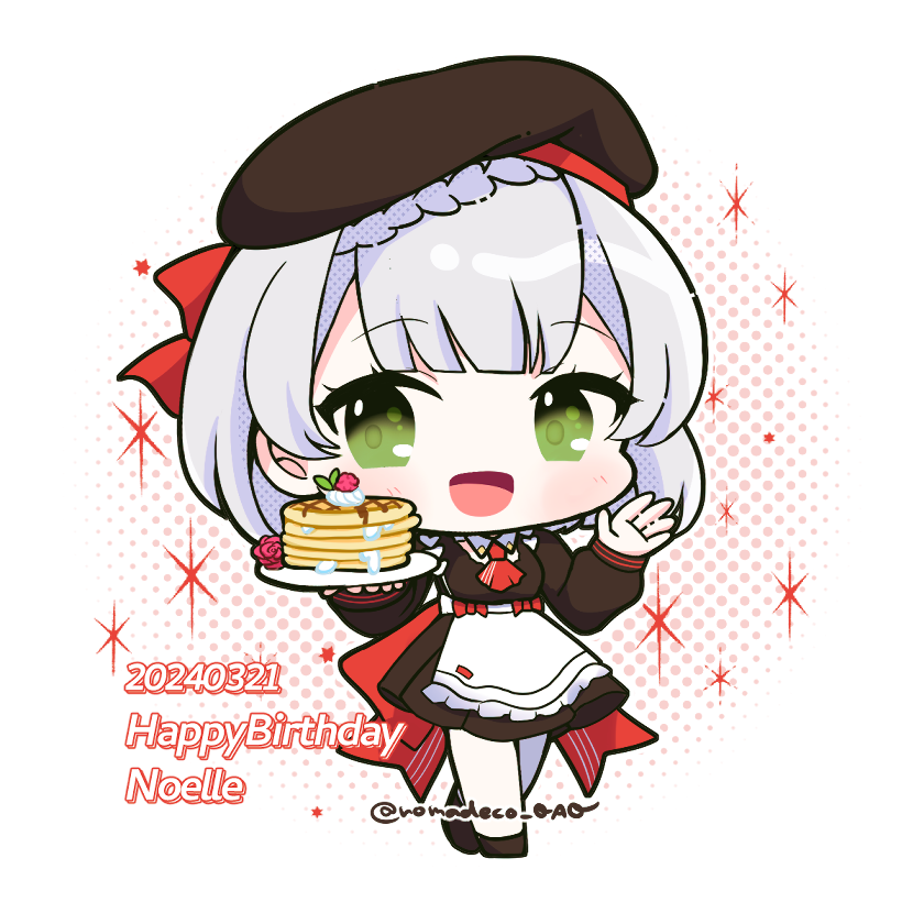 1girl apron ascot beret black_dress black_footwear blunt_bangs bow braid breasts chibi commentary dated dotted_background dress english_text food frilled_apron frills full_body genshin_impact green_eyes grey_hair hat holding holding_plate lighter-than-air_pancake_(genshin_impact) long_sleeves looking_at_viewer medium_breasts medium_hair meruko_(romadeco_0a0) mint noelle_(genshin_impact) noelle_(kfc)_(genshin_impact) open_mouth pancake pantyhose plate red_ascot red_background red_bow smile solo standing symbol-only_commentary twitter_username waist_apron whipped_cream white_apron white_background white_pantyhose