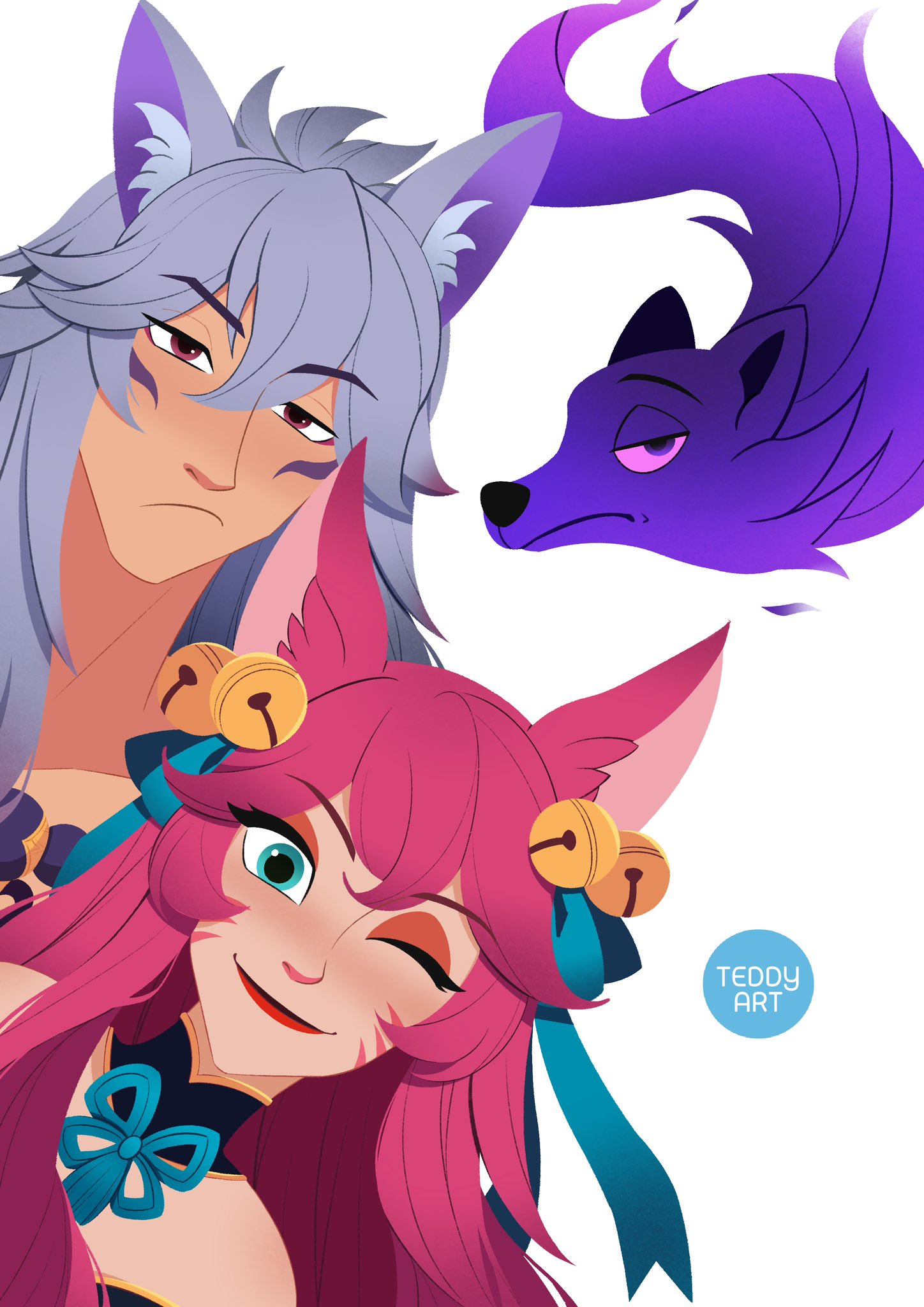 1boy 1girl ahri_(league_of_legends) animal_ears artist_name bead_necklace beads bell blank_stare blue_eyes blue_ribbon brown_eyes eyeshadow facial_mark fox_boy fox_ears grey_hair hair_bell hair_ornament highres jewelry league_of_legends long_hair looking_at_viewer makeup necklace one_eye_closed orange_eyeshadow pink_hair ribbon sett_(league_of_legends) simple_background smile spirit spirit_blossom_(league_of_legends) spirit_blossom_ahri spirit_blossom_sett teddy_teddd unamused whisker_markings