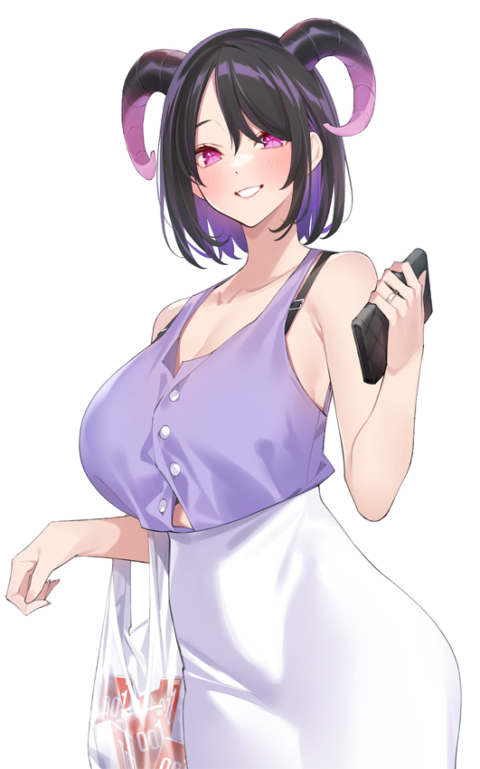 1girl black_horns blush bra_strap breasts button_gap camisole commentary_request curled_horns demon_girl demon_horns horns huge_breasts looking_at_viewer mature_female original pink_eyes popqn purple_camisole purple_horns simple_background skirt smile solo white_background white_skirt