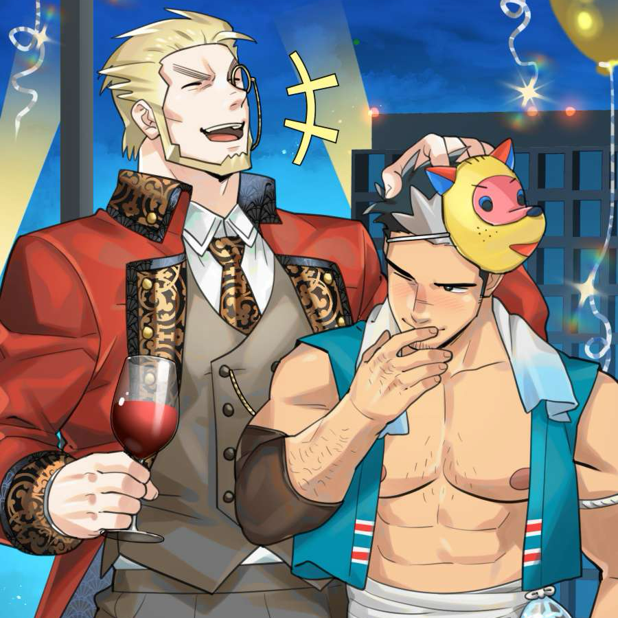 2boys abs alcohol bara bare_pectorals beard blush character_request couple ero_condo facial_hair full_beard happi headpat japanese_clothes kienbiu large_pectorals laughing male_focus mask mask_on_head mature_male multiple_boys muscular muscular_male necktie new_year nipples official_alternate_costume one_eye_closed paid_reward_available pectorals short_hair sideburns sparse_arm_hair sparse_chest_hair stomach suit upper_body wine yaoi