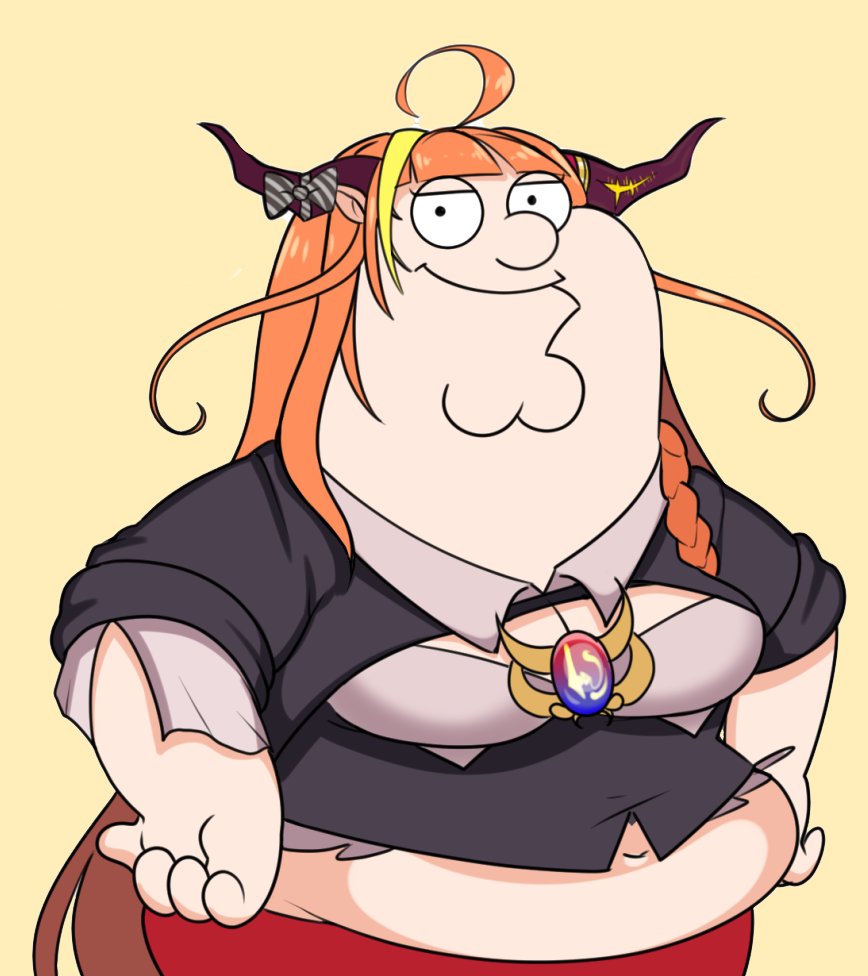 ahoge bow cleavage_cutout cleft_chin clothing_cutout cosplay diagonal-striped_bow double_chin dragon_horns family_guy fat fat_man hololive horn_bow horn_ornament horns kiryu_coco kiryu_coco_(1st_costume) lewdishsnail long_hair looking_at_viewer meme midriff navel orange_hair peter_griffin simple_background standing toon_(style)
