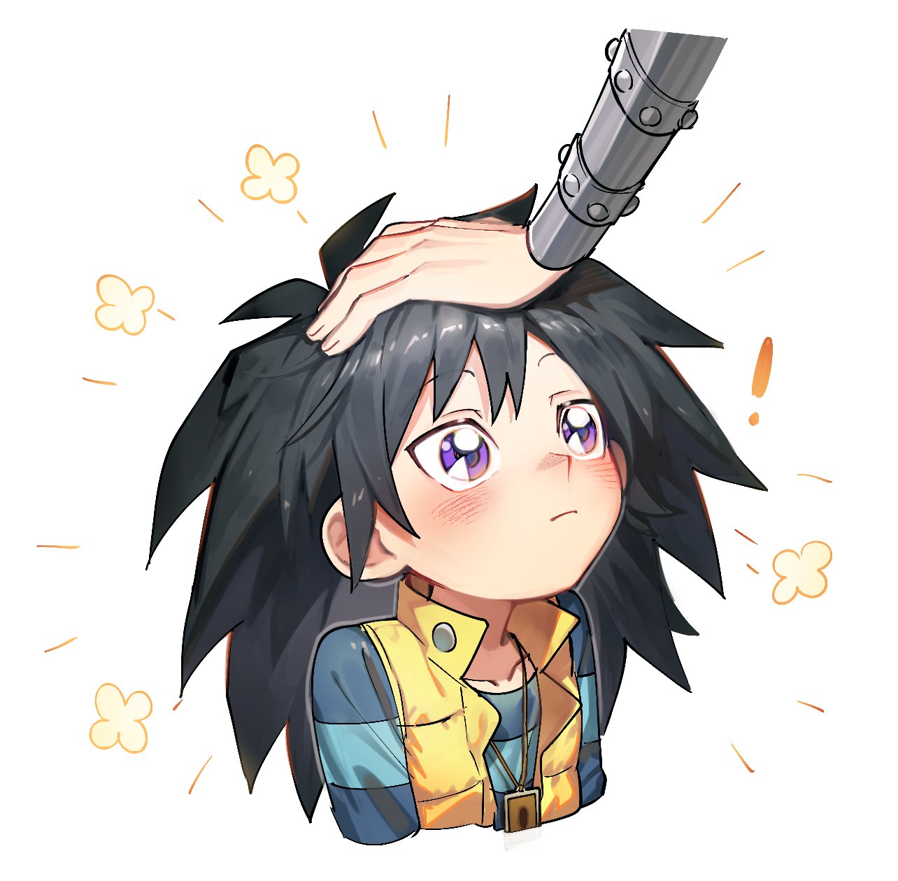 ! 1boy black_hair blue_shirt blush headpat highres kaiba_mokuba kaiba_seto looking_up male_focus medium_hair moemoenomori purple_eyes shirt spiked_hair striped_clothes striped_shirt upper_body vest yellow_vest yu-gi-oh! yu-gi-oh!_duel_monsters