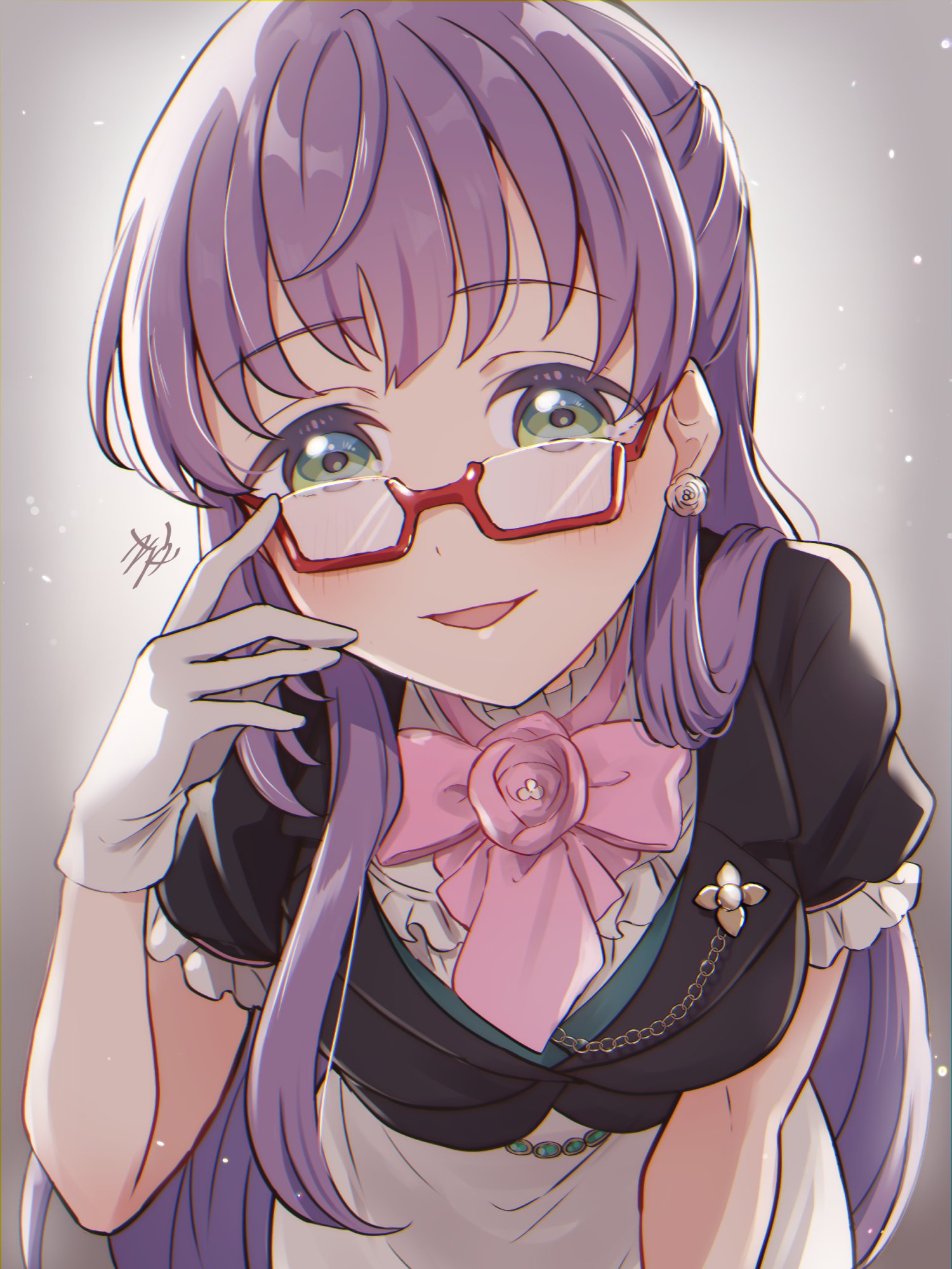 1girl adjusting_eyewear bespectacled black_jacket bow bowtie breasts check_commentary commentary_request earrings frilled_shirt frills glasses gloves gradient_background green_eyes grey_background hair_over_shoulder half_updo highres jacket jewelry kyaku_tatsu lapel_pin lapels leaning_forward link!_like!_love_live! long_hair looking_at_viewer love_live! medium_breasts official_alternate_costume open_mouth otomune_kozue pink_bow pink_bowtie purple_hair red-framed_eyewear semi-rimless_eyewear shirt short_sleeves signature skirt smile solo under-rim_eyewear white_background white_gloves white_shirt white_skirt