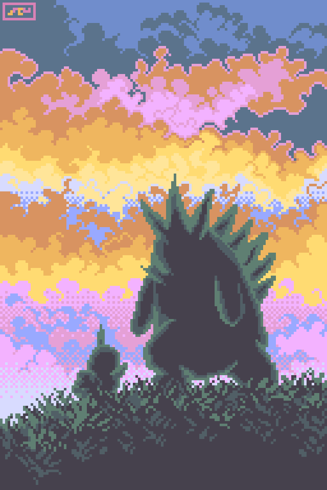 animal_focus artist_name cloud cloudy_sky commentary dusk english_commentary evolutionary_line facing_away jrchair98 larvitar no_humans on_grass outdoors pixel_art pokemon pokemon_(creature) sky sunset tyranitar