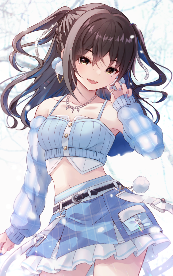 1girl bare_shoulders belt black_belt black_hair blue_nails blue_shirt blue_skirt blue_sleeves blurry blurry_background blush breasts brown_eyes collarbone cowboy_shot cropped_shirt detached_sleeves dot_nose earrings floating_hair hair_between_eyes hand_up idolmaster idolmaster_cinderella_girls idolmaster_cinderella_girls_starlight_stage jewelry long_hair long_sleeves looking_at_viewer medium_breasts midriff mole mole_under_eye nail_polish navel necklace open_mouth plaid plaid_skirt pleated_skirt pom_pom_(clothes) pom_pom_earrings rocomani sharp_teeth shirt skirt sleeveless sleeveless_shirt smile snowing solo standing sunazuka_akira teeth tree twintails white_background