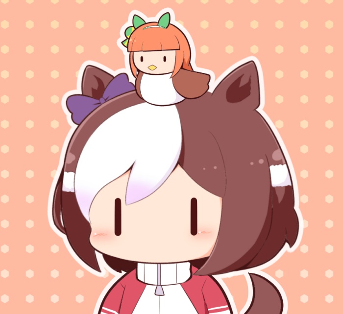 1girl animal animal_ears animal_on_head bird blush_stickers bow brown_background chibi ear_bow gomashio_(goma_feet) hair_between_eyes hairband horse_ears horse_girl horse_tail human_head jacket on_head orange_hair outline polka_dot polka_dot_background purple_bow red_jacket silence_suzuka_(umamusume) simple_background special_week_(umamusume) tail track_jacket umamusume upper_body white_hairband white_outline |_|