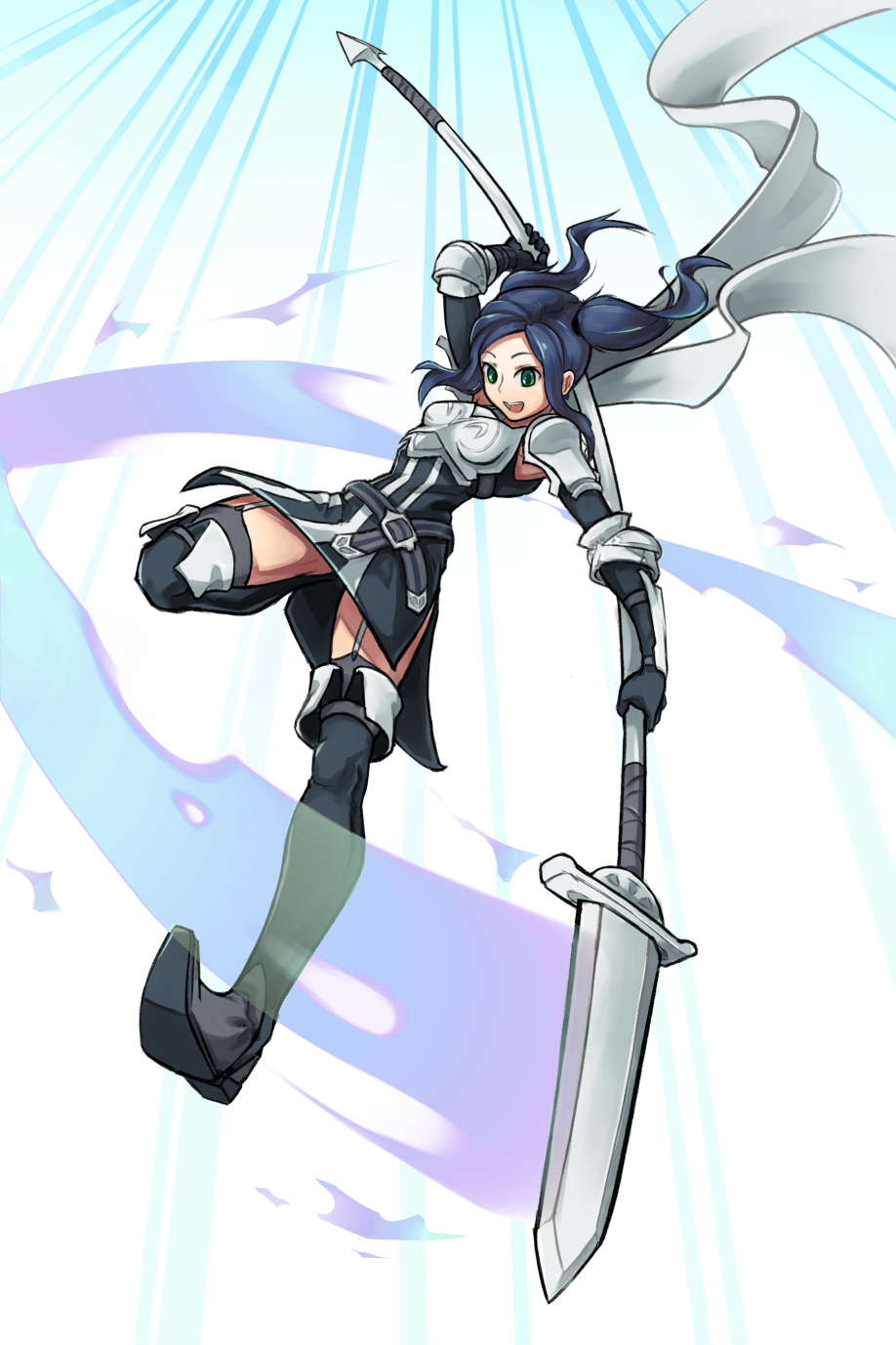 1girl armor belt black_gloves blue_hair boots breastplate cynthia_(fire_emblem) fire_emblem fire_emblem_awakening from_below full_body garter_straps gloves green_eyes highres holding holding_polearm holding_weapon igalimax lance open_mouth polearm scarf shoulder_armor sky smile solo speed_lines thigh_boots twintails weapon white_scarf